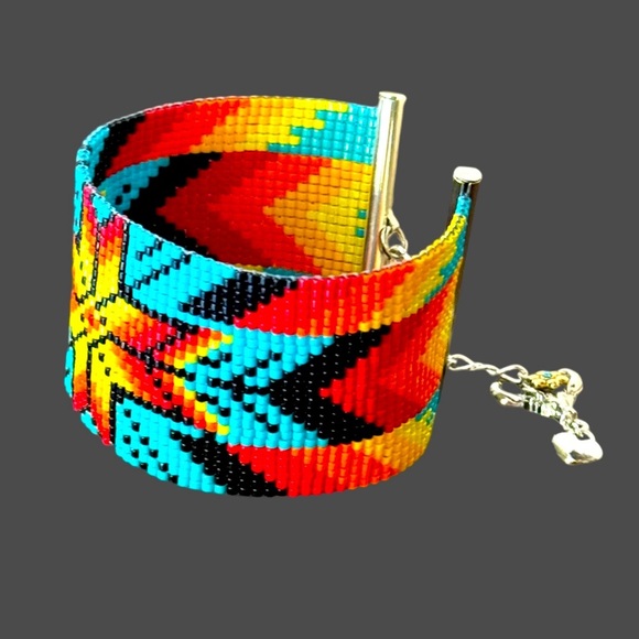 Native American Beaded Wide 1.4 inch Adjustable Cuff Bracelet w/ Diamond Motif - Picture 6 of 9